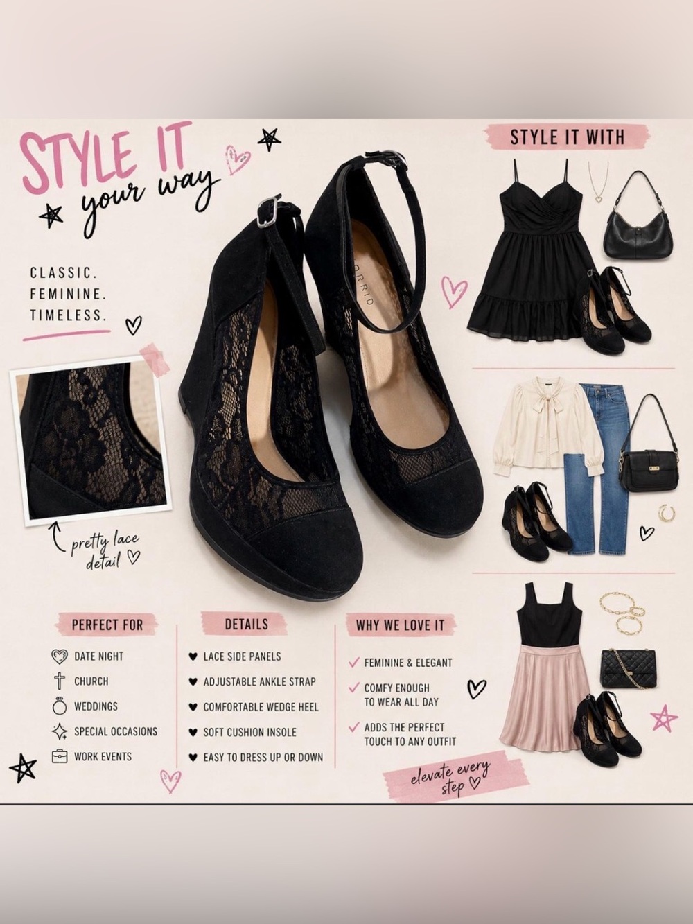 Y2K Romantic Lace Wedge Heels 🖤